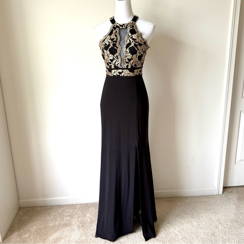 Morgan & Co. Metallic Lace Halter Jersey Knit Gown—SZ. 2